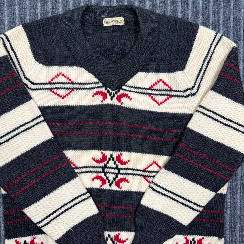 Strickkleidung Merino Wool Sweater Large Grey Fair Isle Excellent Vintage (2176)